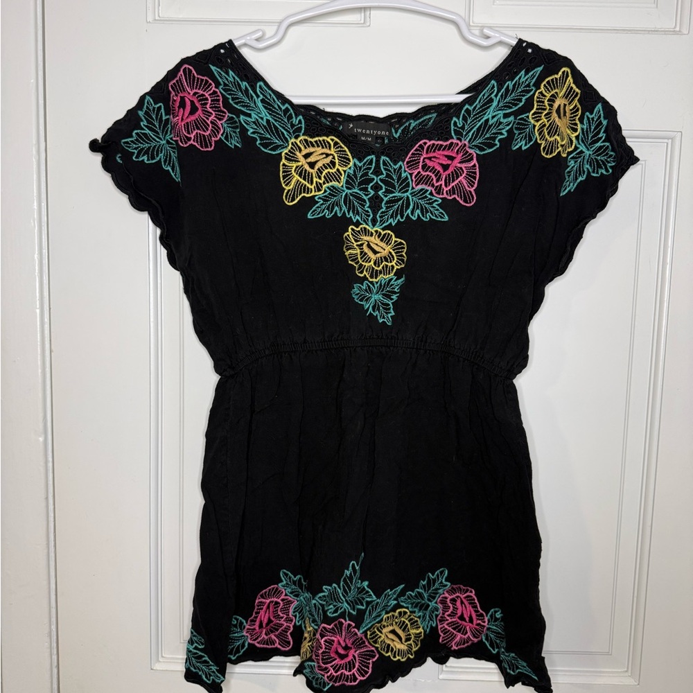 Black Top with Floral Embroidery